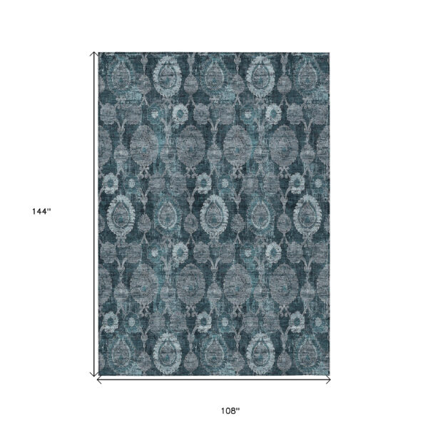 9' X 12' Teal Blue And Sky Blue Damask Washable Indoor Outdoor Area Rug