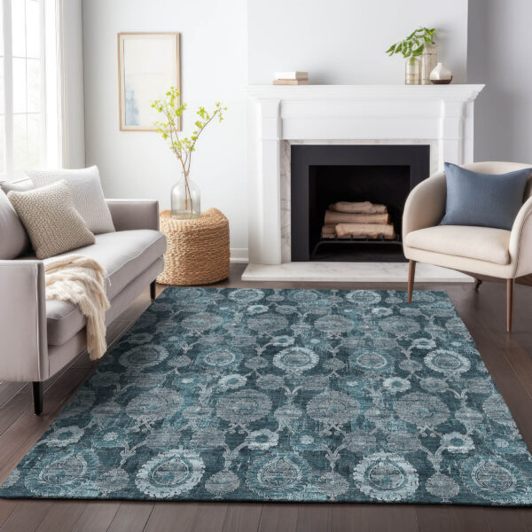 9' X 12' Teal Blue And Sky Blue Damask Washable Indoor Outdoor Area Rug
