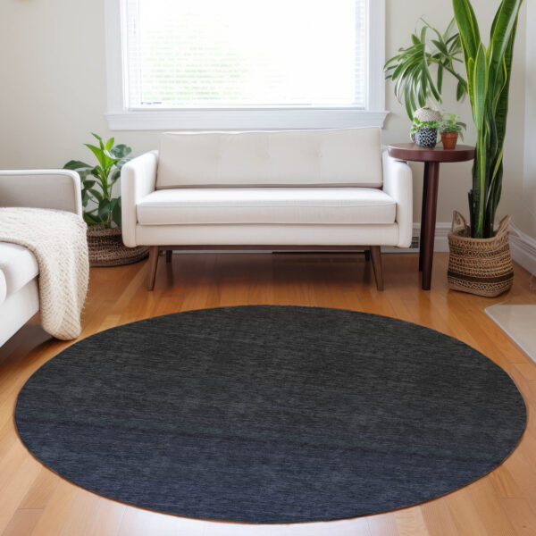 8' Navy Blue And Charcoal Round Abstract Washable Indoor Outdoor Area Rug