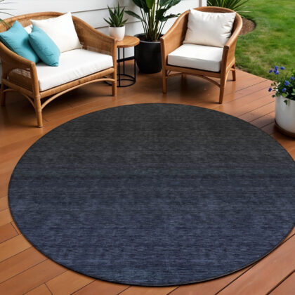 8' Navy Blue And Charcoal Round Abstract Washable Indoor Outdoor Area Rug