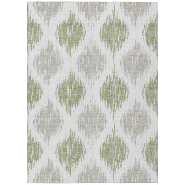 9' X 12' Artichoke Green Ivory And Gray Ikat Washable Indoor Outdoor Area Rug