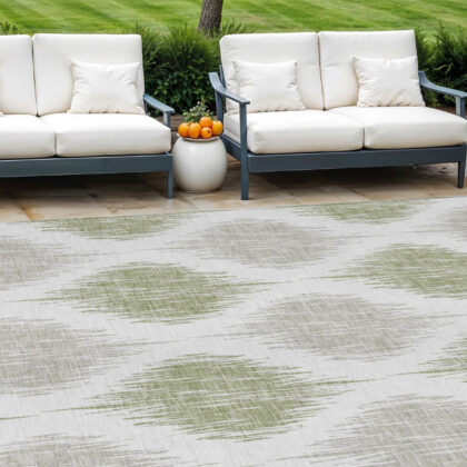 9' X 12' Artichoke Green Ivory And Gray Ikat Washable Indoor Outdoor Area Rug