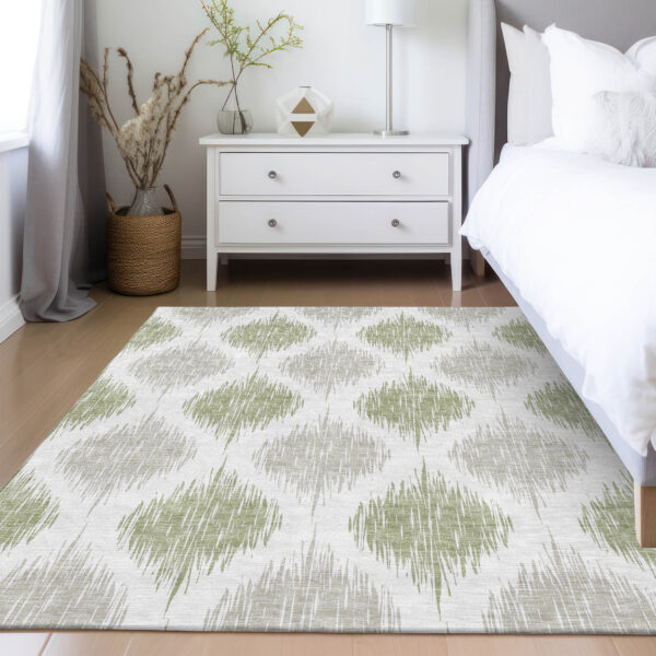 9' X 12' Artichoke Green Ivory And Gray Ikat Washable Indoor Outdoor Area Rug