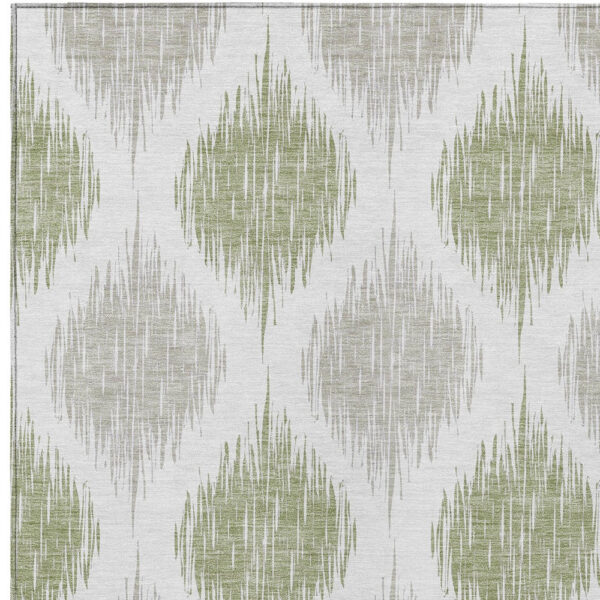 9' X 12' Artichoke Green Ivory And Gray Ikat Washable Indoor Outdoor Area Rug