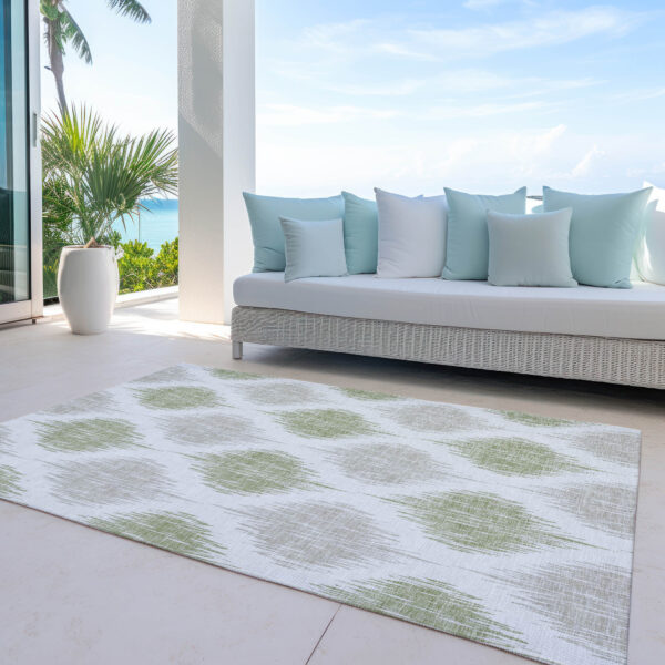 9' X 12' Artichoke Green Ivory And Gray Ikat Washable Indoor Outdoor Area Rug