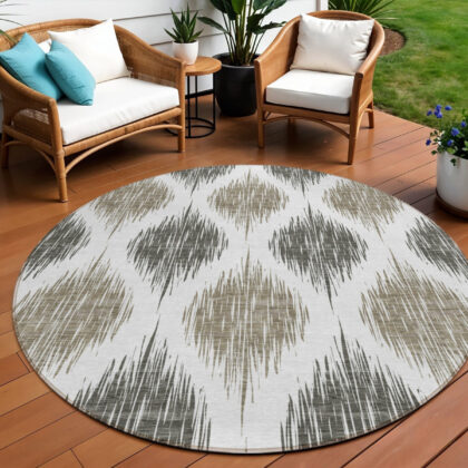 8' Taupe Ivory And Brown Round Ikat Washable Indoor Outdoor Area Rug