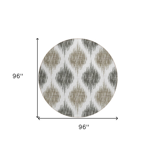 8' Taupe Ivory And Brown Round Ikat Washable Indoor Outdoor Area Rug