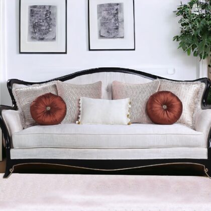 86" Beige And Black Sofa With Seven Toss Pillows