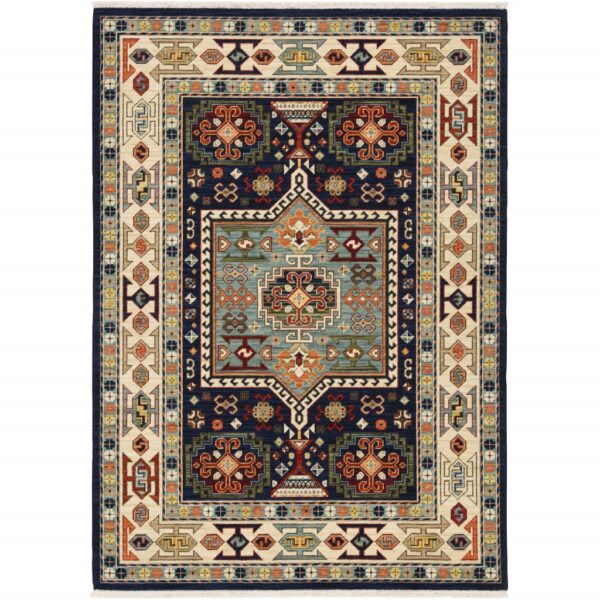 6' X 9' Blue Ivory Machine Woven Medallion Indoor Area Rug