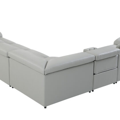 Light Gray Italian Leather Power Reclining U Shaped Seven Piece Corner Sectional With Console