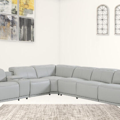 Light Gray Italian Leather Power Reclining U Shaped Seven Piece Corner Sectional With Console