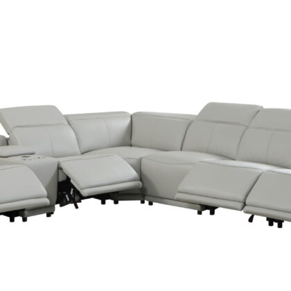 Light Gray Italian Leather Power Reclining U Shaped Seven Piece Corner Sectional With Console