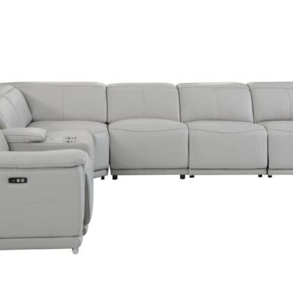 Light Gray Italian Leather Power Reclining U Shaped Seven Piece Corner Sectional With Console