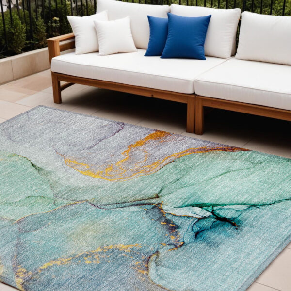 8' X 10' Teal Abstract Washable Non Skid Indoor Outdoor Area Rug