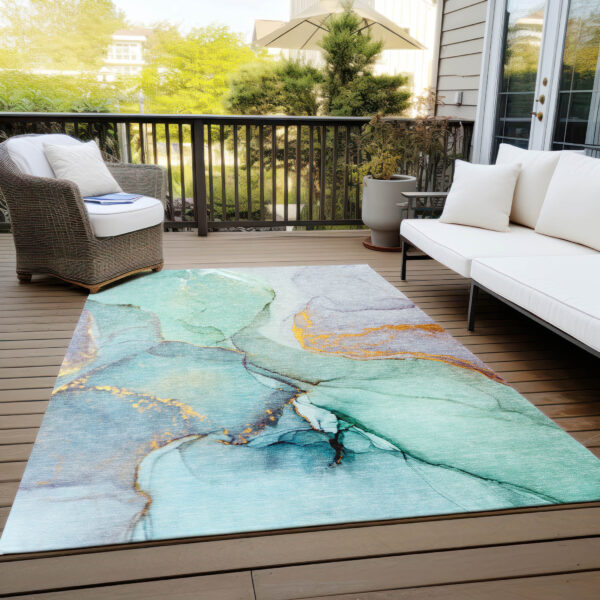 8' X 10' Teal Abstract Washable Non Skid Indoor Outdoor Area Rug