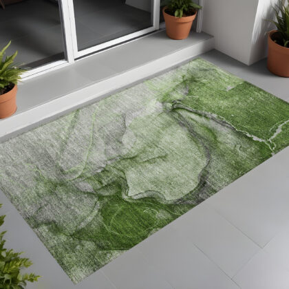 3' X 5' Olive Green Abstract Washable Non Skid Indoor Outdoor Area Rug