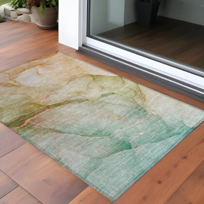 2' X 3' Teal Abstract Washable Non Skid Indoor Outdoor Area Rug