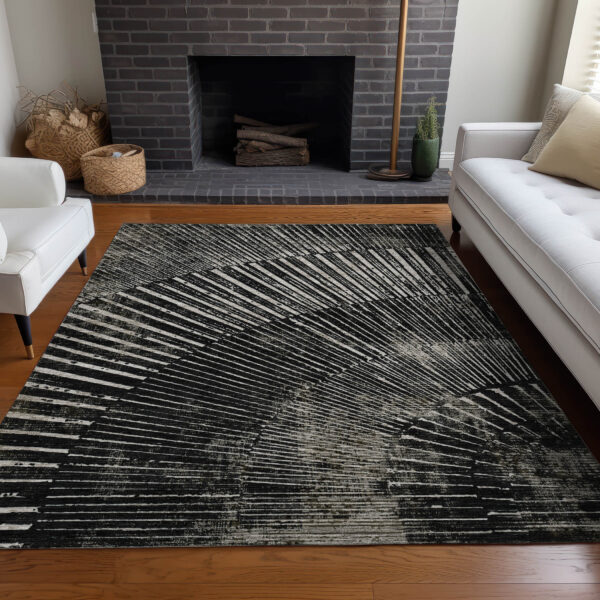 3' X 5' Black and Ivory Abstract Washable Non Skid Indoor Outdoor Area Rug