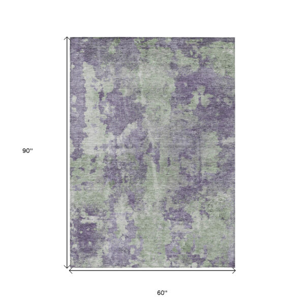 5' X 8' Purple and Green Abstract Washable Non Skid Indoor Outdoor Area Rug