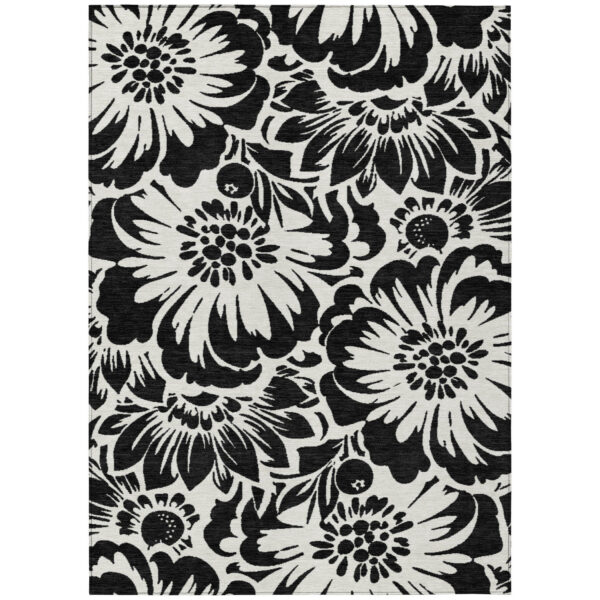 5' X 8' Black and Ivory Floral Washable Non Skid Indoor Outdoor Area Rug