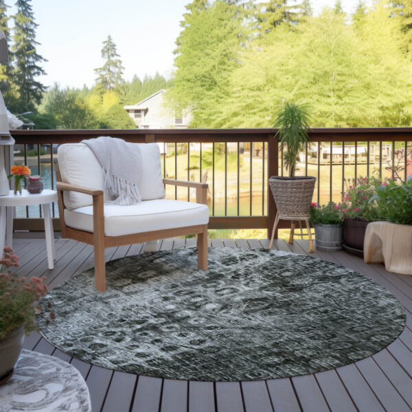 8' Charcoal Round Ikat Washable Indoor Outdoor Area Rug