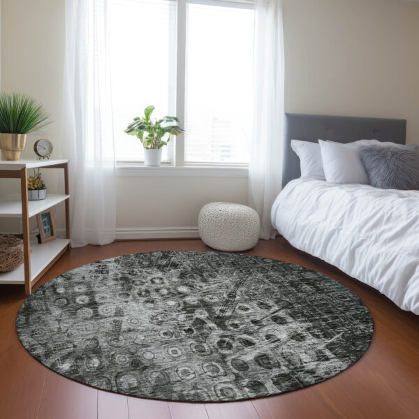 8' Charcoal Round Ikat Washable Indoor Outdoor Area Rug