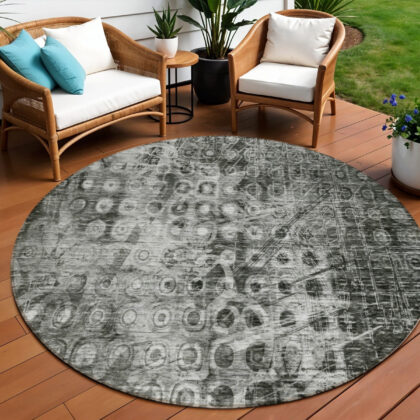 8' Charcoal Round Ikat Washable Indoor Outdoor Area Rug