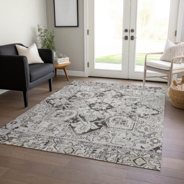 8' X 10' Ivory and Dark Brown Oriental Washable Non Skid Indoor Outdoor Area Rug