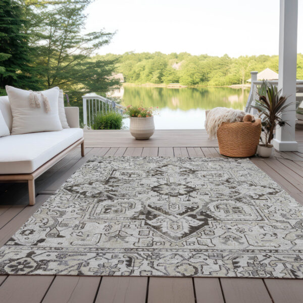 8' X 10' Ivory and Dark Brown Oriental Washable Non Skid Indoor Outdoor Area Rug