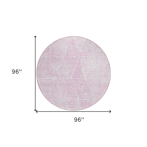 8' Pink And Ivory Round Geometric Washable Indoor Outdoor Area Rug
