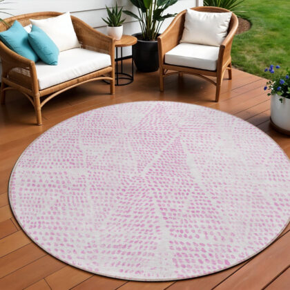 8' Pink And Ivory Round Geometric Washable Indoor Outdoor Area Rug