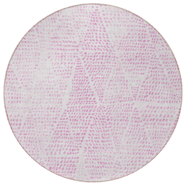 8' Pink And Ivory Round Geometric Washable Indoor Outdoor Area Rug