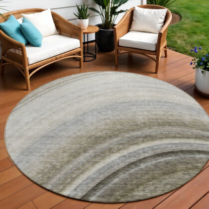 8' Taupe Gray And Ivory Round Abstract Washable Indoor Outdoor Area Rug