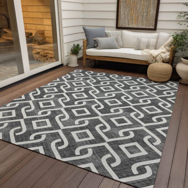 8' X 10' Black And Ivory Geometric Washable Indoor Outdoor Area Rug