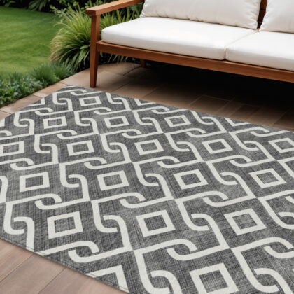 8' X 10' Black And Ivory Geometric Washable Indoor Outdoor Area Rug