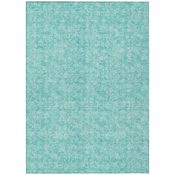 9' X 12' Teal Blue And Ivory Floral Washable Indoor Outdoor Area Rug
