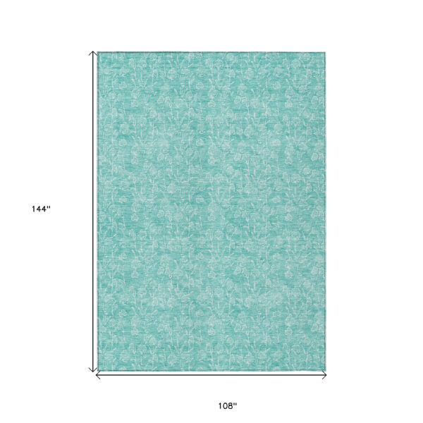9' X 12' Teal Blue And Ivory Floral Washable Indoor Outdoor Area Rug