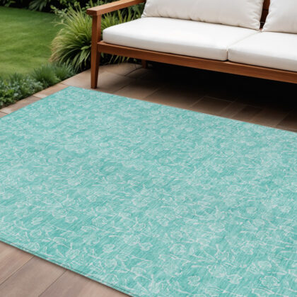 9' X 12' Teal Blue And Ivory Floral Washable Indoor Outdoor Area Rug
