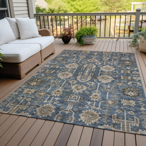 10' X 14' Navy Blue Beige And Taupe Oriental Washable Indoor Outdoor Area Rug
