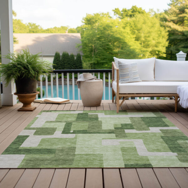 9' X 12' Artichoke Green And Ivory Abstract Washable Indoor Outdoor Area Rug