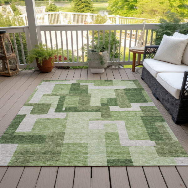9' X 12' Artichoke Green And Ivory Abstract Washable Indoor Outdoor Area Rug