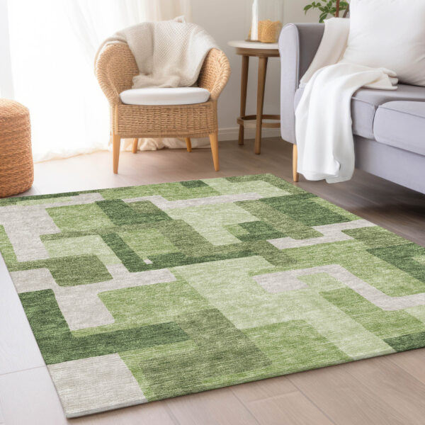 9' X 12' Artichoke Green And Ivory Abstract Washable Indoor Outdoor Area Rug
