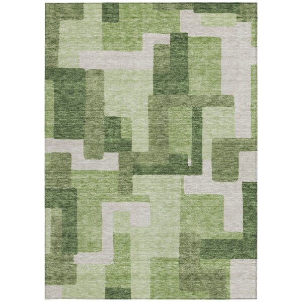 9' X 12' Artichoke Green And Ivory Abstract Washable Indoor Outdoor Area Rug