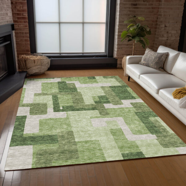 9' X 12' Artichoke Green And Ivory Abstract Washable Indoor Outdoor Area Rug