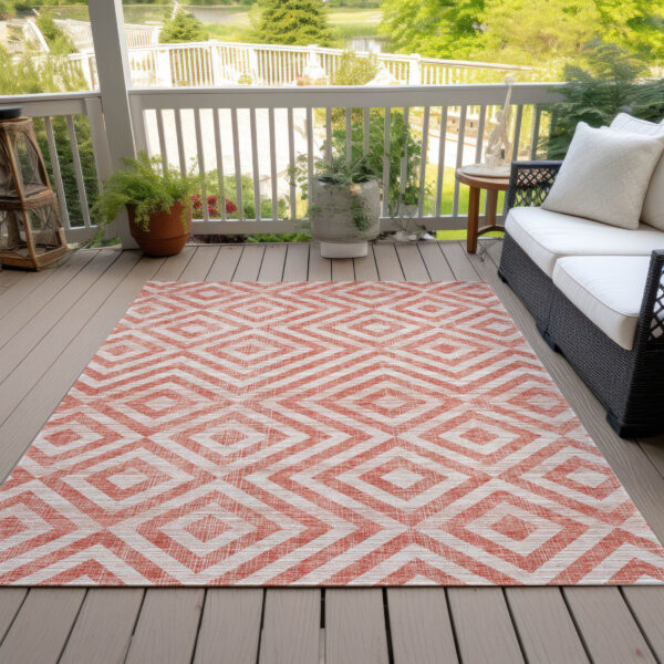 9' X 12' Salmon And Ivory Geometric Washable Indoor Outdoor Area Rug