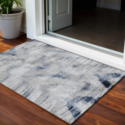 3' X 5' Gray Silver And Blue Abstract Washable Indoor Outdoor Area Rug