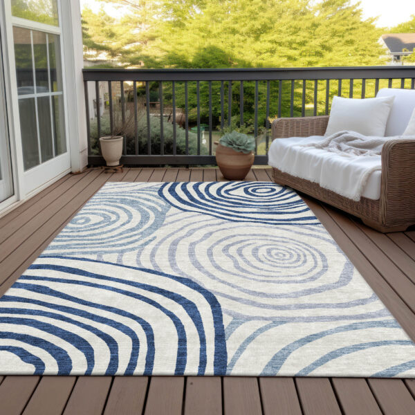 9' X 12' Ivory And Navy Blue Abstract Washable Indoor Outdoor Area Rug