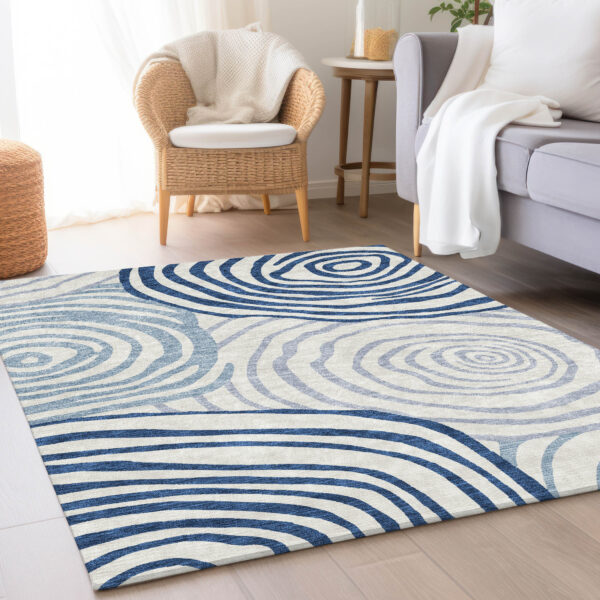 9' X 12' Ivory And Navy Blue Abstract Washable Indoor Outdoor Area Rug