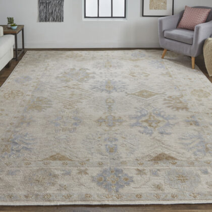 12' X 15' Ivory Tan And Blue Floral Hand Knotted Stain Resistant Area Rug