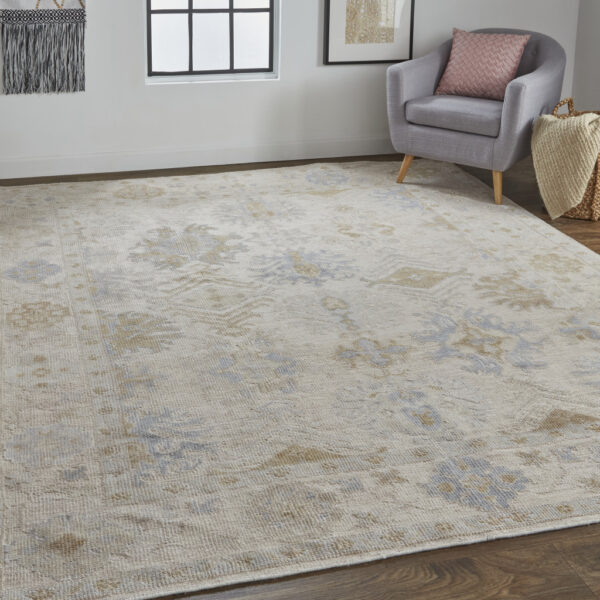 12' X 15' Ivory Tan And Blue Floral Hand Knotted Stain Resistant Area Rug
